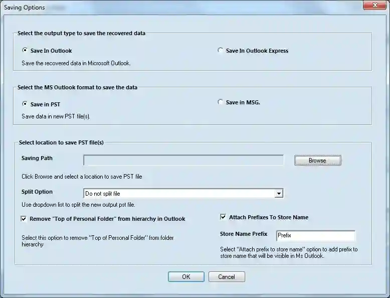 Selecting Output type and format to save the recovered file