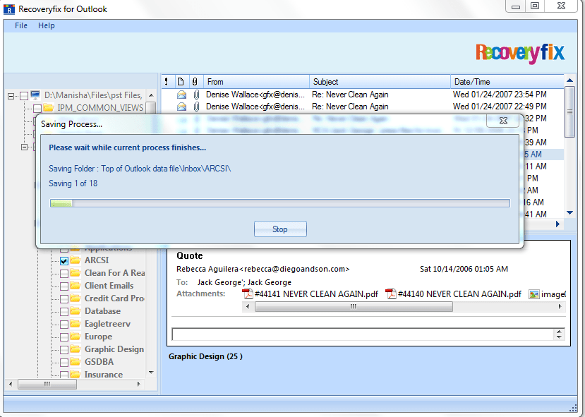 Processing the recovery and saving of repaired PST file