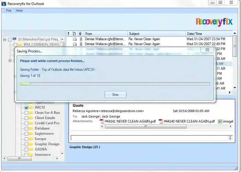 Processing the recovery and saving of repaired PST file