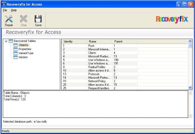 Depicting list of all recovered MS Access data files