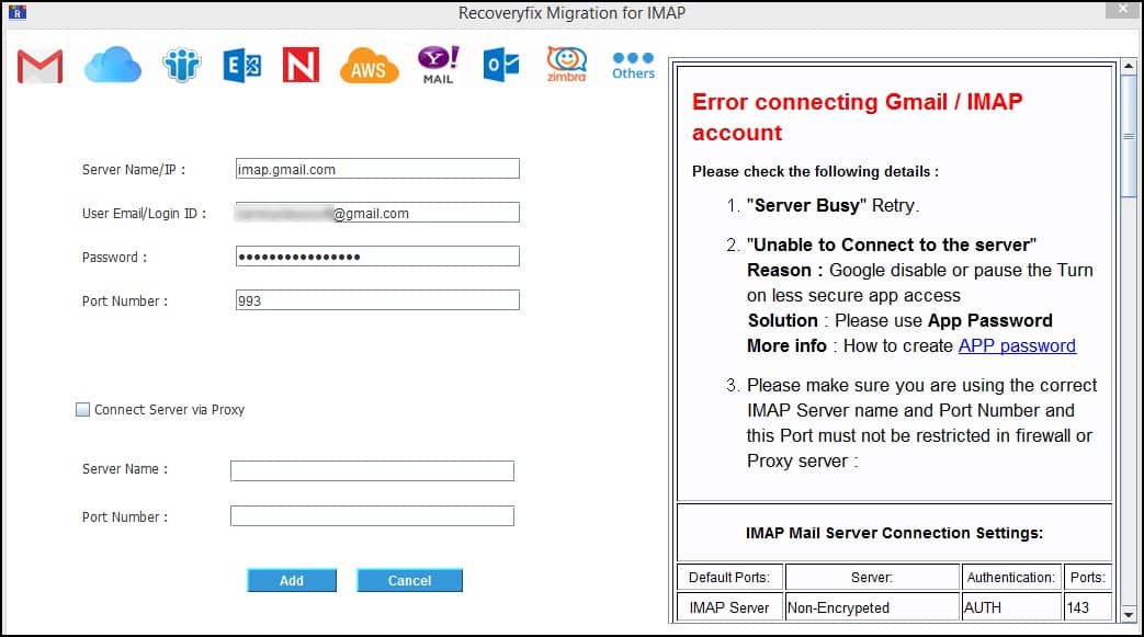 Add IMAP Source and enter credentials  