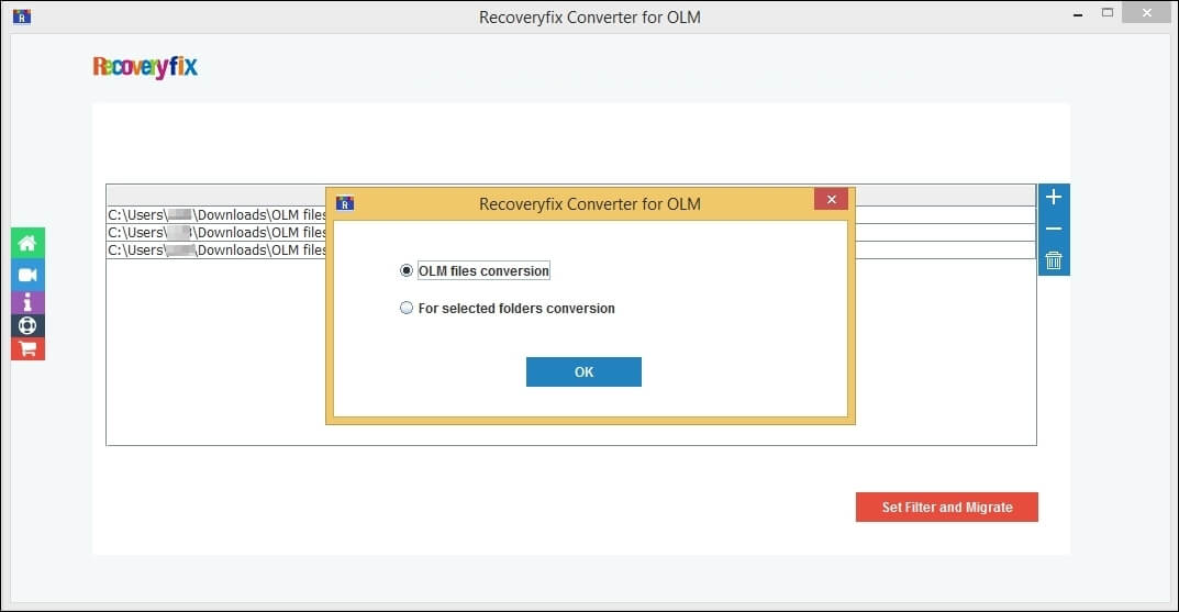 Select OLM file for conversion