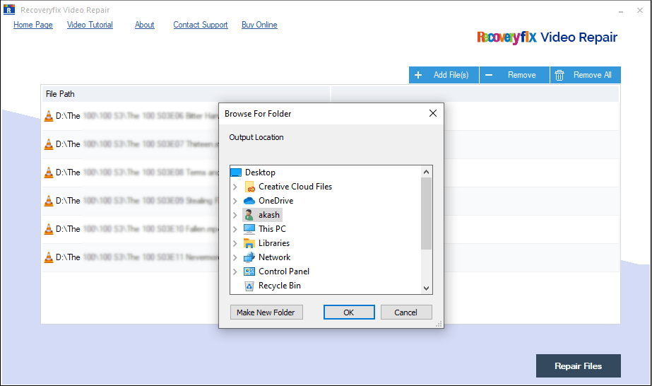 Selecting a location to save the files